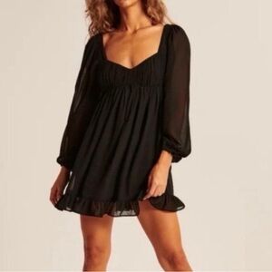 NWT Abercrombie & Fitch Long Sleeve Chiffon Babydoll Mini Dress Black Sz XL